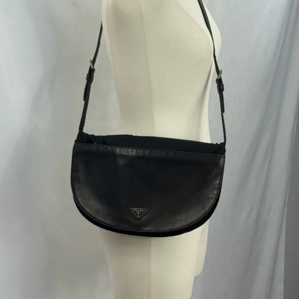 Prada Vintage Leather & Canvas Shoulder Crossbody Bag Black n Brown